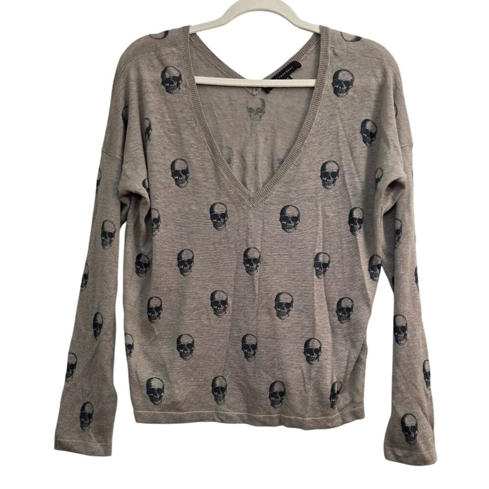Skull Cashmere New Brown Linen Top  Longsleeve Black Skulls Shirt Medium